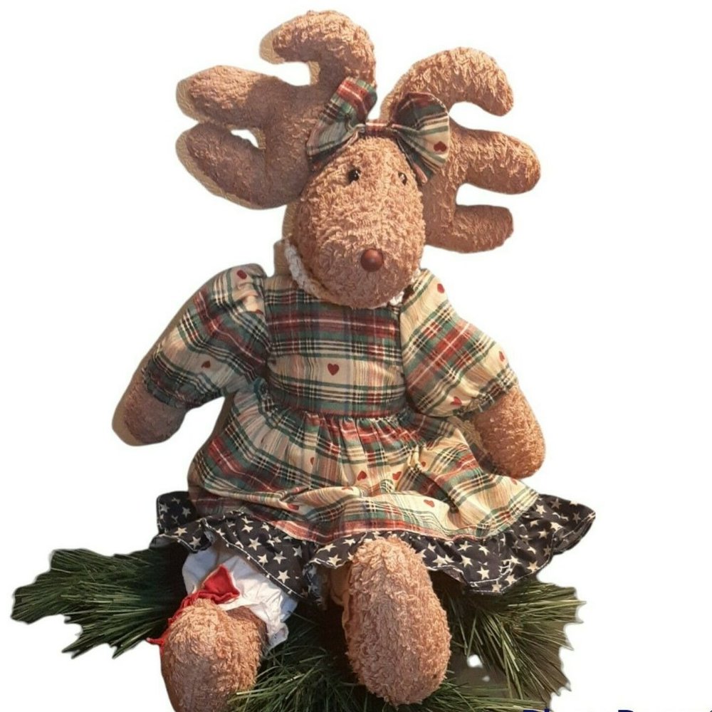 19" Rudolf Doll Plush Stuffed Animal Vintage Plaid Dress